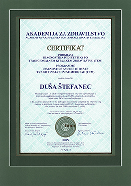 Duša Štefanec - Certifikat za program Diagnostika in dietetika po Tradicionalni kitajski medicini (TKM)